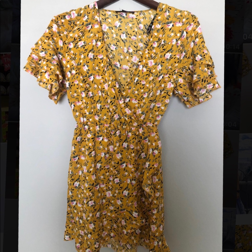 Yellow Floral Print Ruffle Tea Shift Dress
